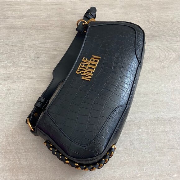 Steve Madden Crocodile Embossed Leather Handbag|Black Croc Baguette Shoulder Bag - Picture 9 of 11